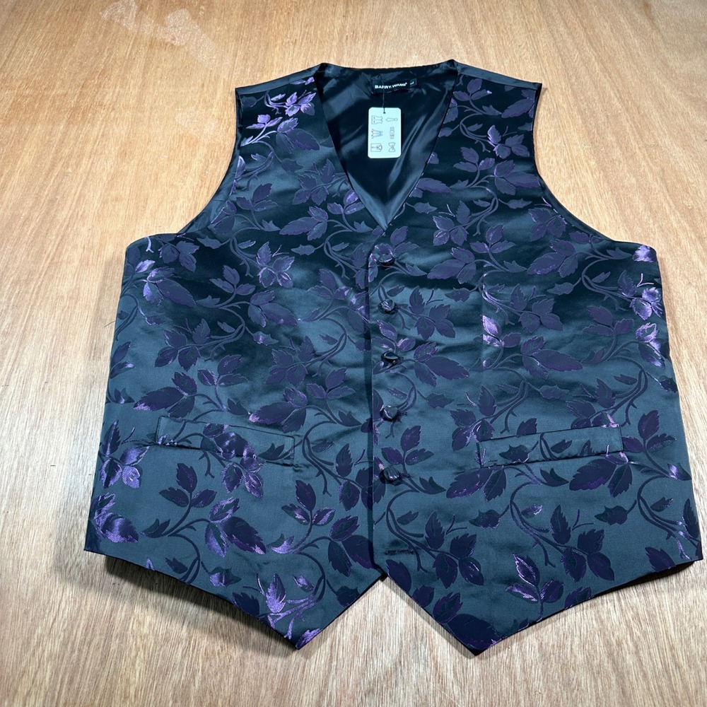 Barry Wang Vest Mens Large Purple Black Floral Jacquard Silk Formal Waistcoat L